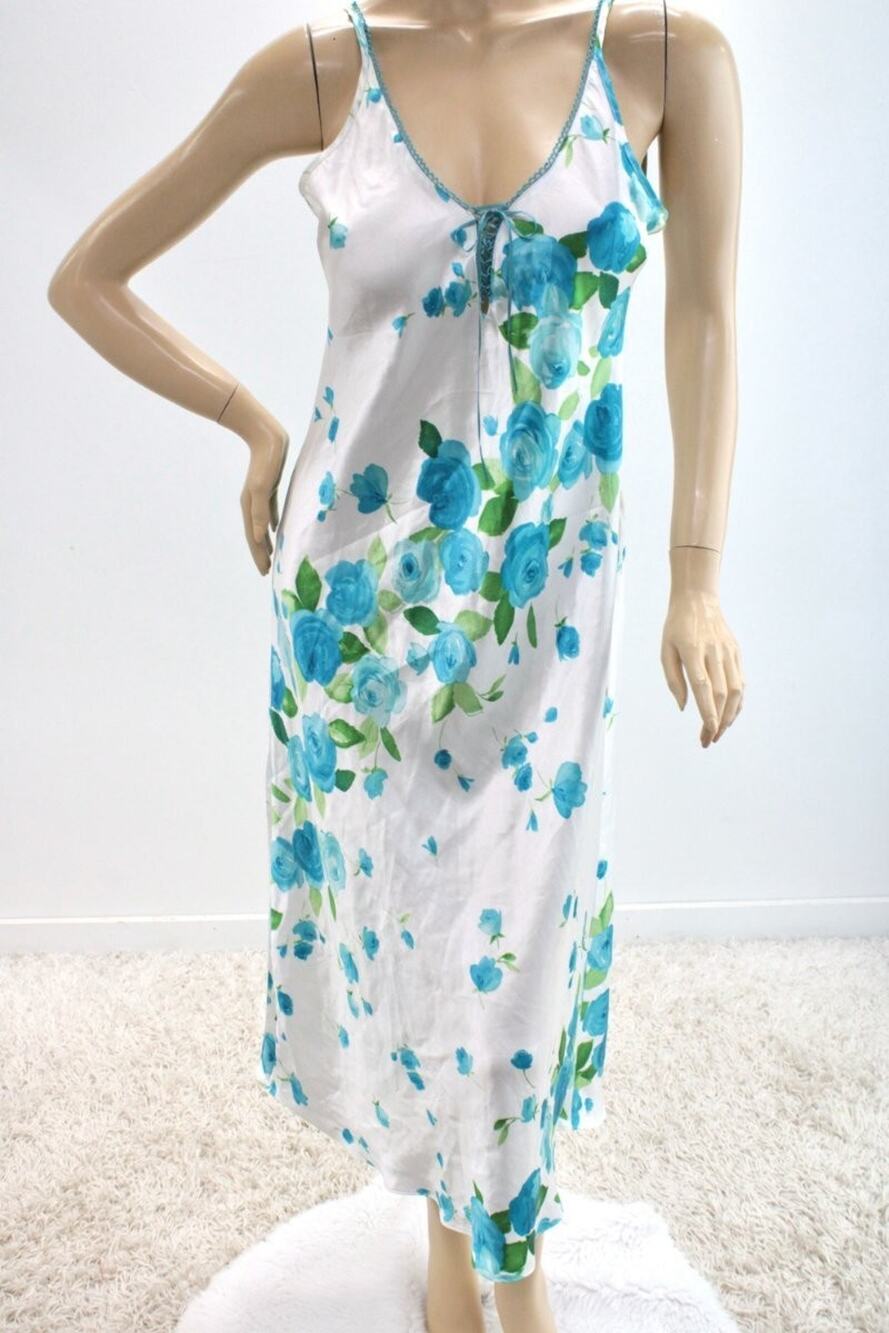 VTG Long Nightgown Satin 90s Slip Dress Medium Blue Roses on White Y2K Garden